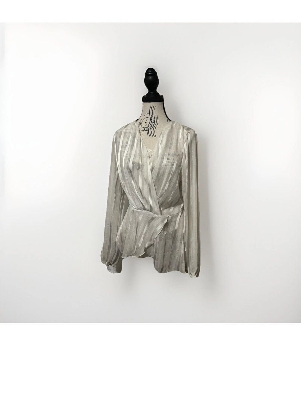 Y2K Women's Cream Size Medium Sheer Striped V Neck Long Sleeve Wrap Top Blouse - Picture 4 of 7